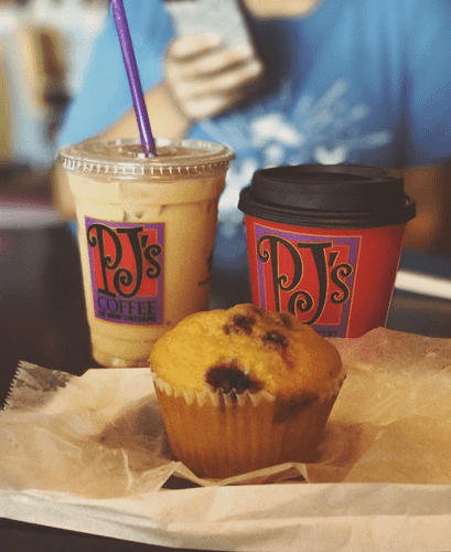 PJ's Iced Coffee, Hot Coffee and Muffin